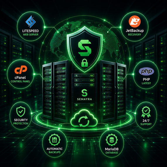 Secure hosting infrastructure featuring LiteSpeed Web Server, JetBackup recovery and modern server technology