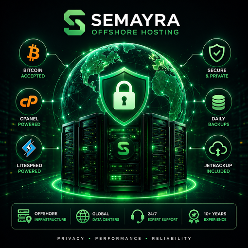 Semayra offshore hosting infrastructure with secure servers, Bitcoin payments, cPanel, LiteSpeed and JetBackup recovery