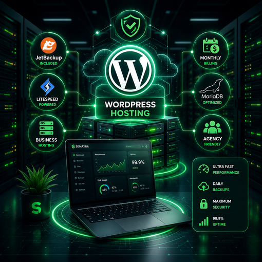 WordPress hosting environment with LiteSpeed performance, JetBackup recovery and monthly billing flexibility
